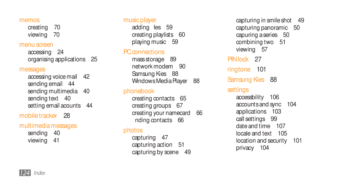 Samsung GT-I5800 user manual Capturing by scene , 103, 105 